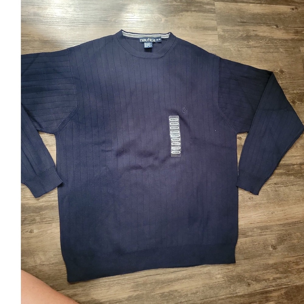 Nautica Mens Navy Blue Ribbed Knit 100% Cotton Crewneck Sweater Medium